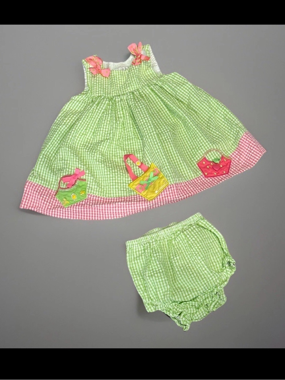 Rare Editions 12M Green Gingham Dress & Bloomer Set Purse Applique